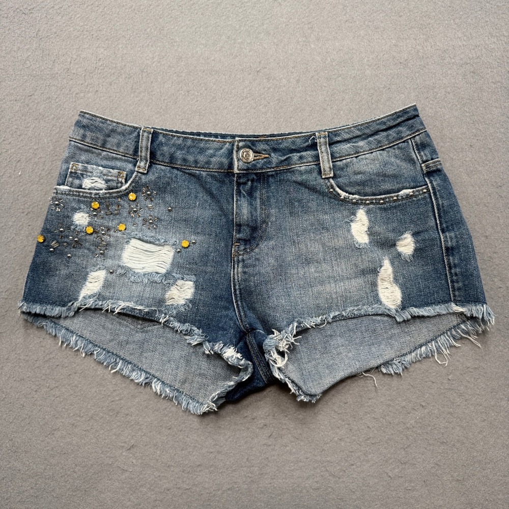 Zara TRF Denim Shorts Women's 4 Blue Med Wash Low Rise Cotton Cut Off Distressed